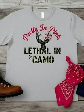 Pretty in Pink Lethal in Camo Tee | Country Girl Deer Head Shirt | Camo Bow
